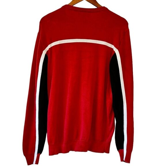Guess Men's Row Color Block Sweater Deep Red with Striped Crossover Chest Logo M - Picture 5 of 10